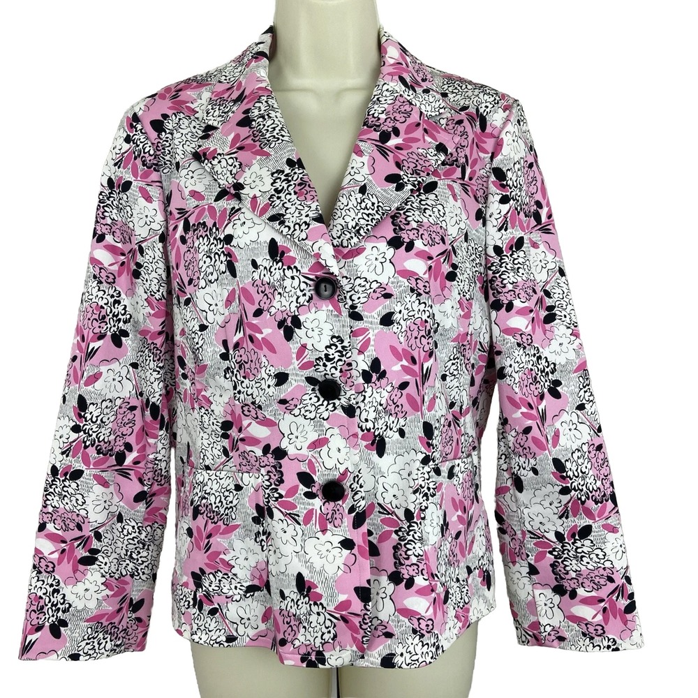 Pendleton Pink Black Floral Blazer Cotton Stretch Split Cuff Jacket Petite Siz M